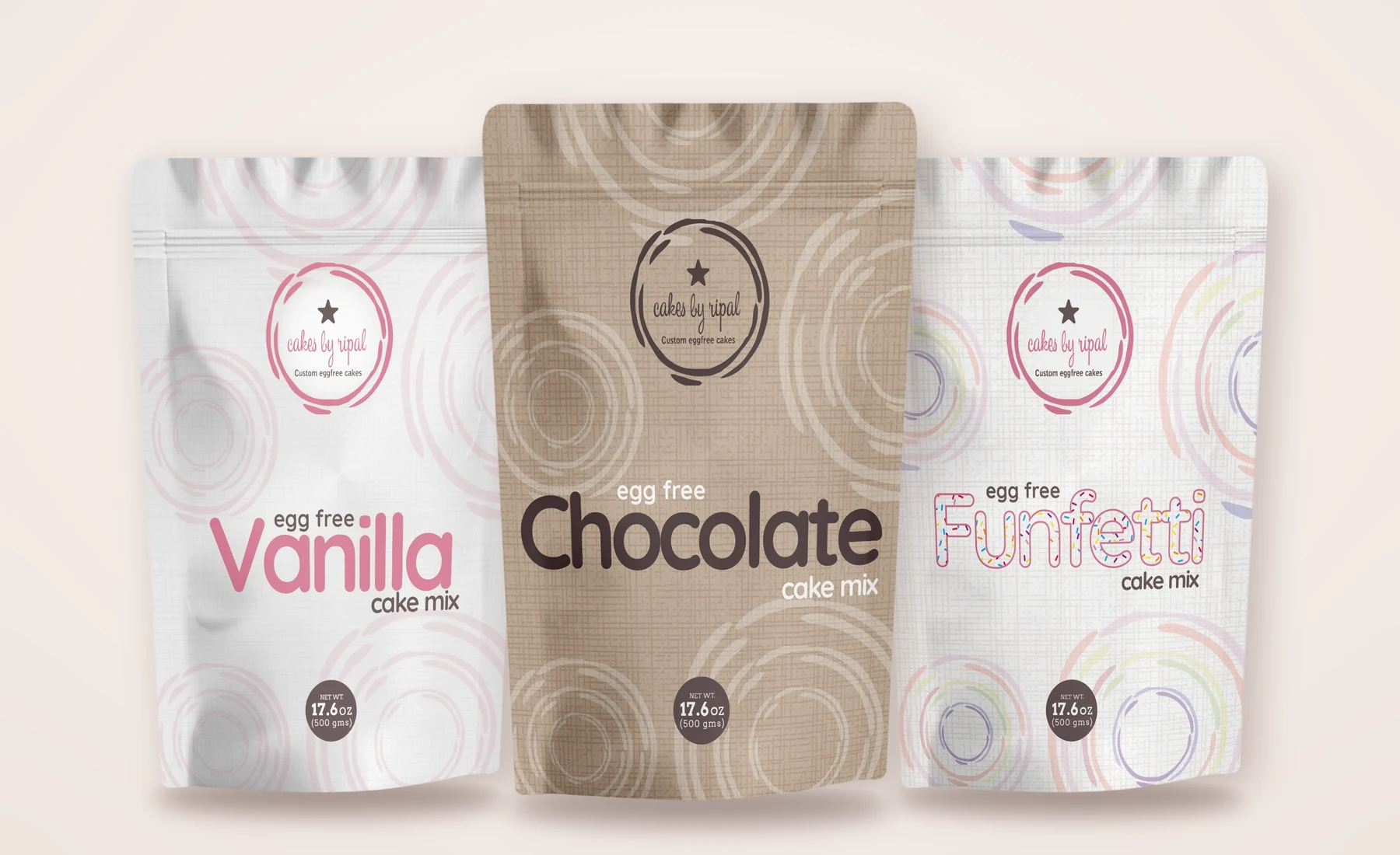 Chocolate, Vanilla and Funfetti egg-free cake mix pouches from Cakes by Ripal