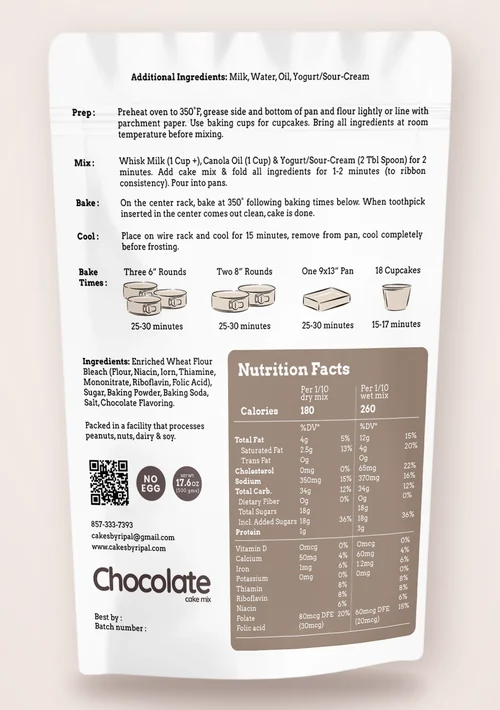 Back of the Chocolate cake mix pouch with directions, ingredients and nutrition facts