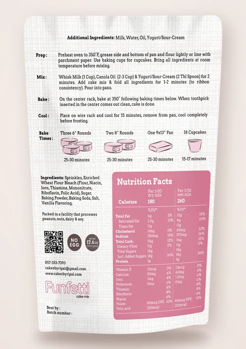 Back of the Funfetti cake mix pouch with directions, ingredients and nutrition facts