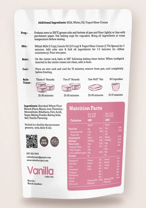 Back of the Vanilla cake mix pouch with directions, ingredients and nutrition facts